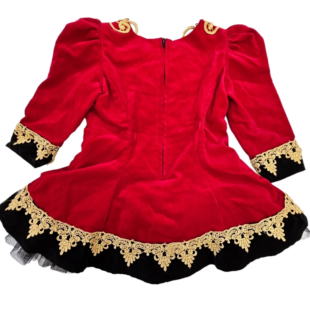 Hollywood Babe Toddler Girls Red Velvet/Gold  Embroidered Lace Longsleeve Dress